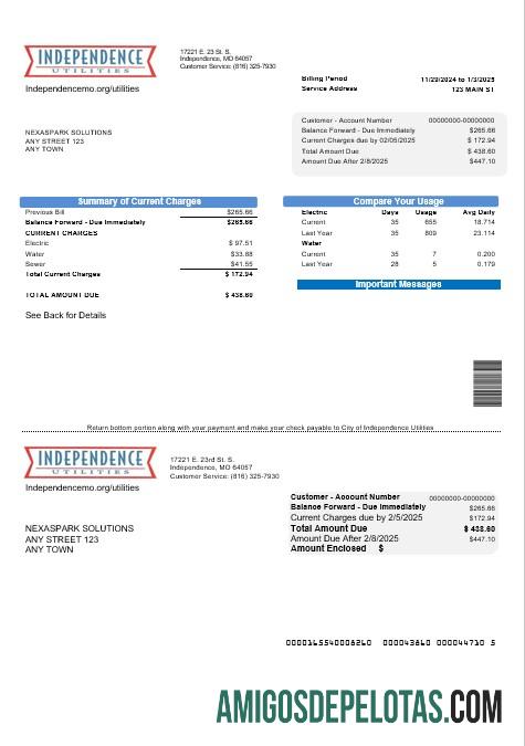 imprimível Modelo de conta de serviços públicos de serviços públicos de independência dos EUA Missouri em formatos Word e PDF